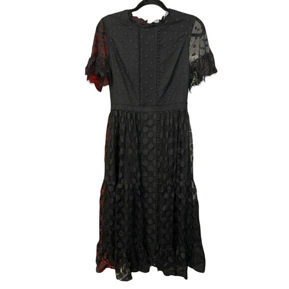 Saloni Lace-Trimmed Polka Dot Tulle Midi Dress Black sz 6 US - Picture 6 of 16